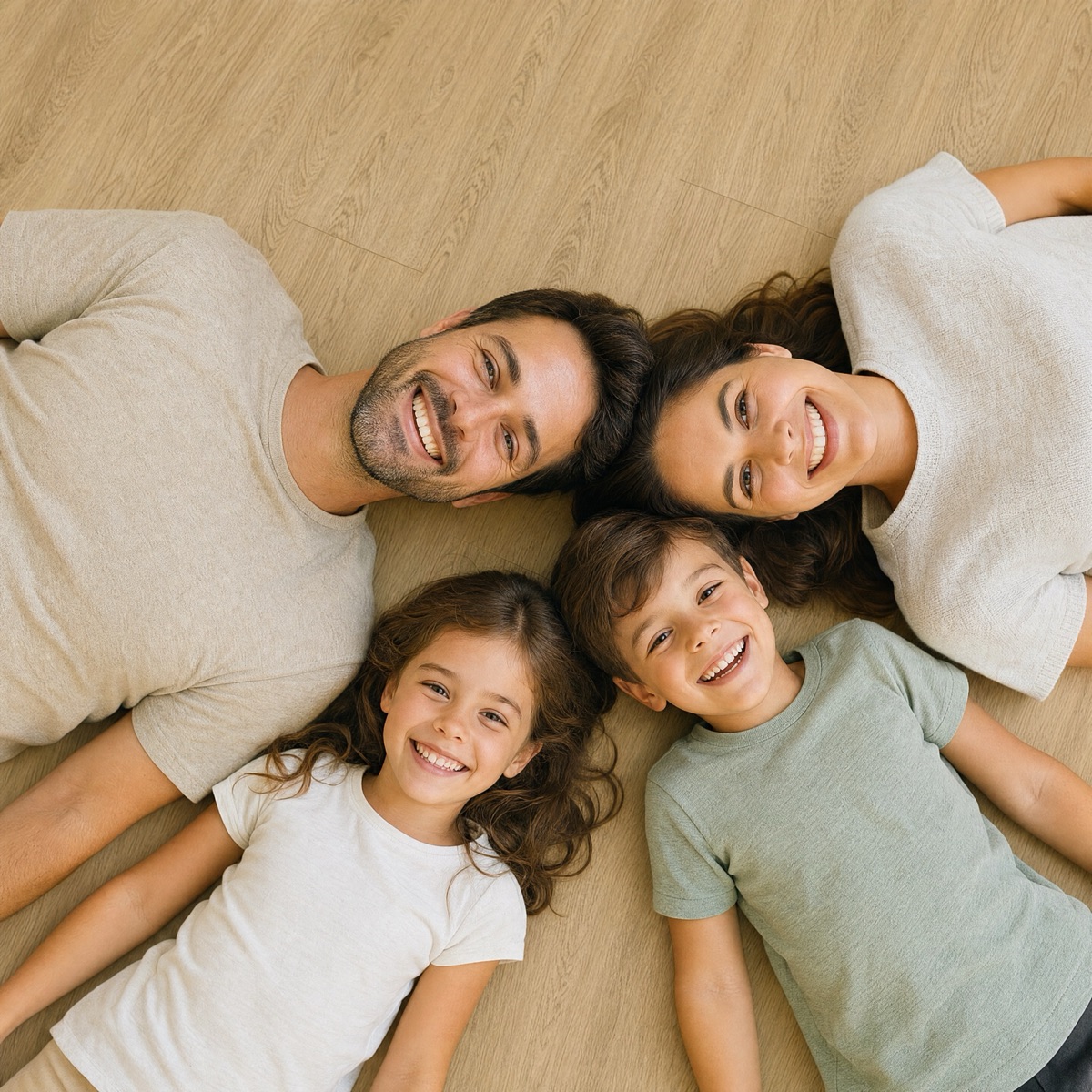 A family resting on MILAT Floor SPC wood-grain flooring